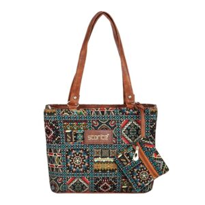 Storite Women's Tote Bag With Leather Handles & Embroidery Printed Handbag With Zip Pockets, Shoulder Tote Bag And Handbag For Office And College